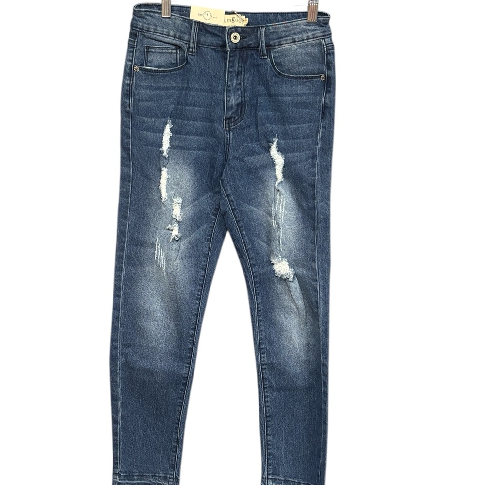 Umgee Blue Distressed Straight Leg Raw Hem Jeans Women’s Juniors Size 1 NWT